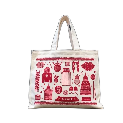 white, canvas, tote, bag, red, knitted, pattern, placed transparent PNG cut-out