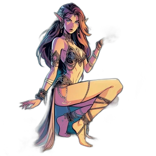 comic book art, concept art, fantasy art, watercolor, elven, woman, stands, amidst transparent PNG cut-out
