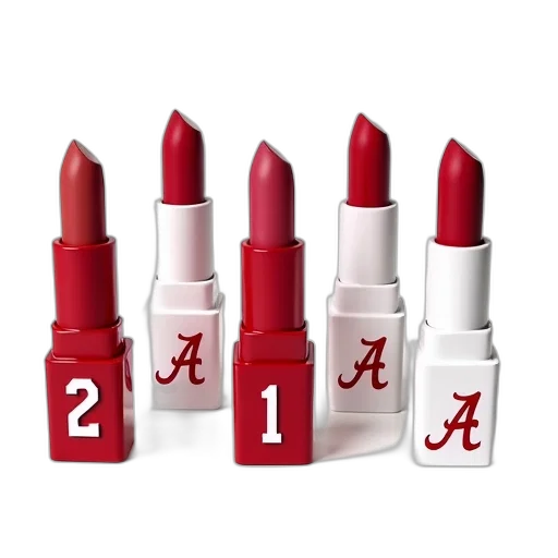 collection, five, red, white, alabama-themed, lipsticks, displayed, background transparent PNG cut-out