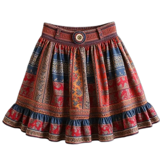 dress, colorful, patterned, skirt, ruffled, hem, button, waistband transparent PNG cut-out