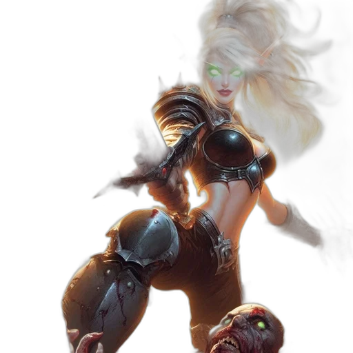 concept art, fantasy art, comic book art, 3d render, fierce, woman, green, eyes transparent PNG cut-out