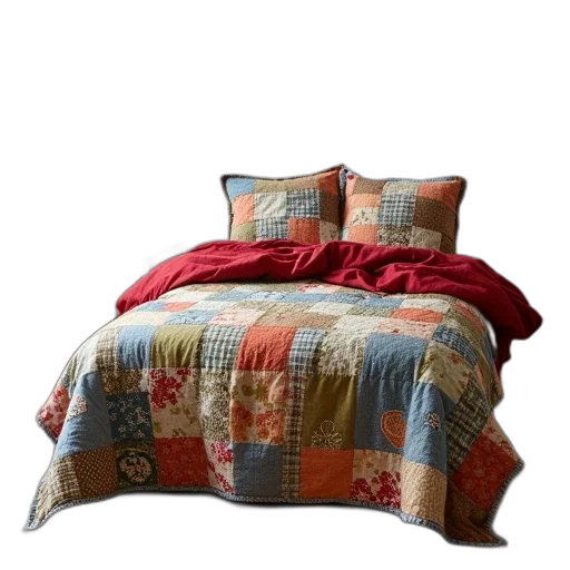 furniture, red, colorful, earth tones, bed, patchwork, quilt, covered transparent PNG cut-out