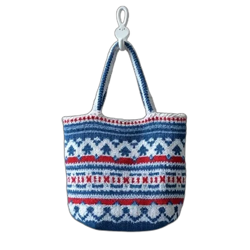 blue, white, knitted, tote, bag, red, accents, hanging transparent PNG cut-out