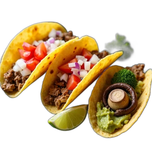 food, photorealistic, 3d render, plate, three, tacos, each, different transparent PNG cut-out