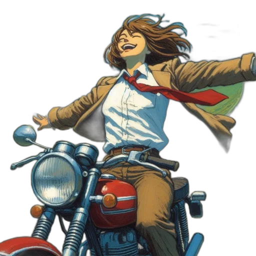 jacket, comic book art, concept art, cartoon, woman, rides, motorcycle, scenic transparent PNG cut-out