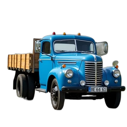 car, 3d render, photorealistic, vintage, blue, truck, flatbed, parked transparent PNG cut-out