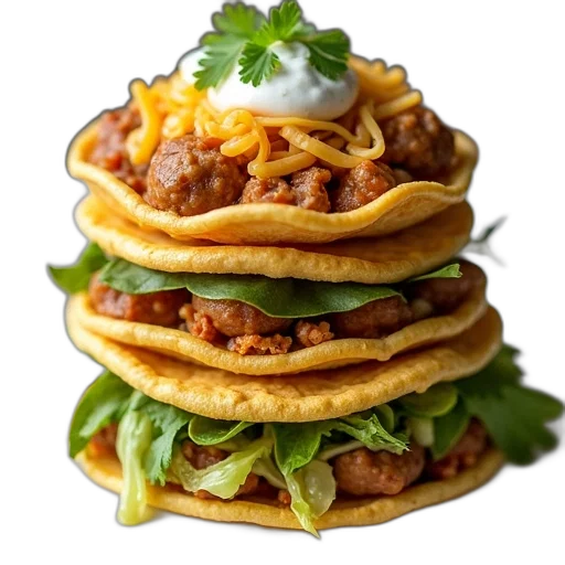 food, hat, photorealistic, stack, tacos, various, toppings, presented transparent PNG cut-out
