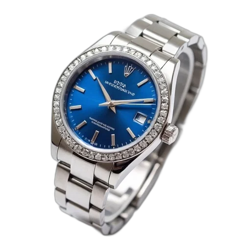 jewelry, 3d render, blue, silver, wristwatch, face, diamond-studded, bezel transparent PNG cut-out