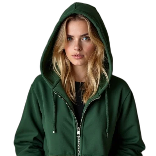jacket, green, woman, blonde, hair, wearing, hoodie, zipper transparent PNG cut-out