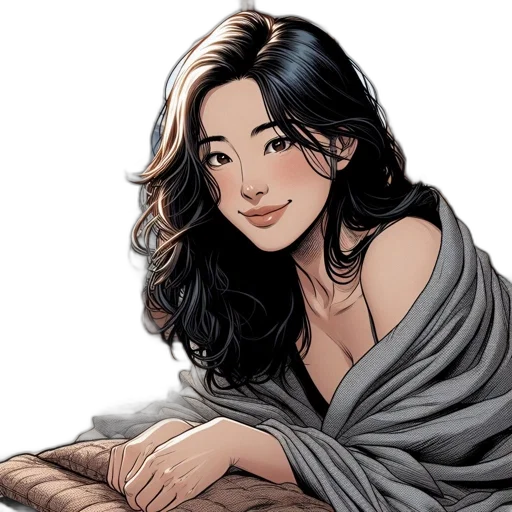 comic book art, fantasy art, cartoon, photorealistic, earth tones, woman, kimono, relaxes transparent PNG cut-out