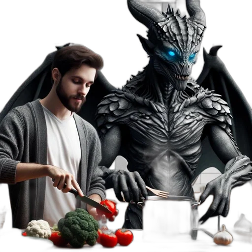 food, concept art, fantasy art, 3d render, outer space, fire, kitchen, man transparent PNG cut-out