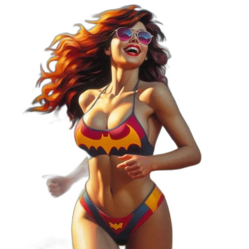 comic book art, concept art, fantasy art, photorealistic, woman, red, hair, bat-patterned transparent PNG cut-out