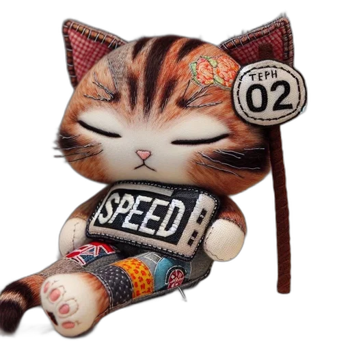 3d render, concept art, handmade, stuffed, cat, toy, features, white transparent PNG cut-out