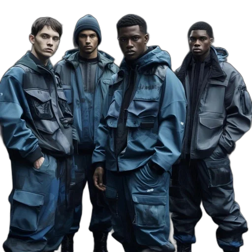 jacket, concept art, dark, four, men, dressed, matching, tactical transparent PNG cut-out
