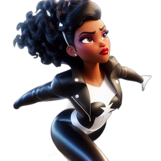 concept art, comic book art, 3d render, cartoon, animated, woman, black, outfit transparent PNG cut-out