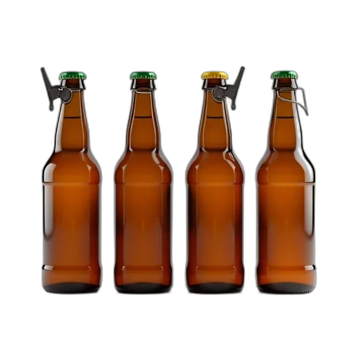 bottle, crown, 3d render, row, four, identical, brown, beer transparent PNG cut-out
