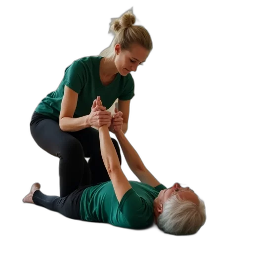 staff, woman, blonde, hair, assisting, elderly, white, yoga transparent PNG cut-out