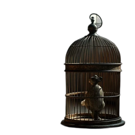3d render, old, metal, birdcage, sits, floor transparent PNG cut-out