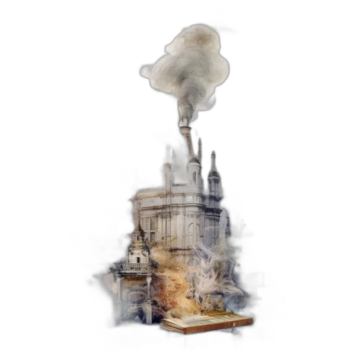 building, concept art, watercolor, photorealistic, fantasy art, fog, opulent, flaming transparent PNG cut-out