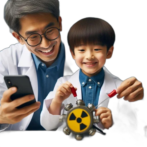 adult, man, boy, work, together, lab, showing, mobile transparent PNG cut-out