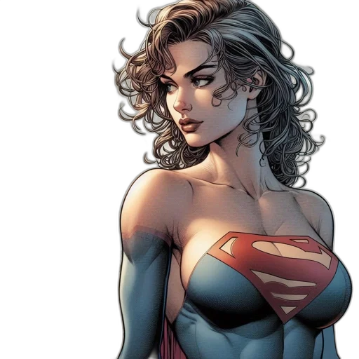 comic book art, concept art, cartoon, superwoman, curly, brown, hair, blue transparent PNG cut-out