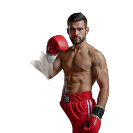 photorealistic, boxer, standing, boxing, ring, wearing, red, shorts transparent PNG cut-out