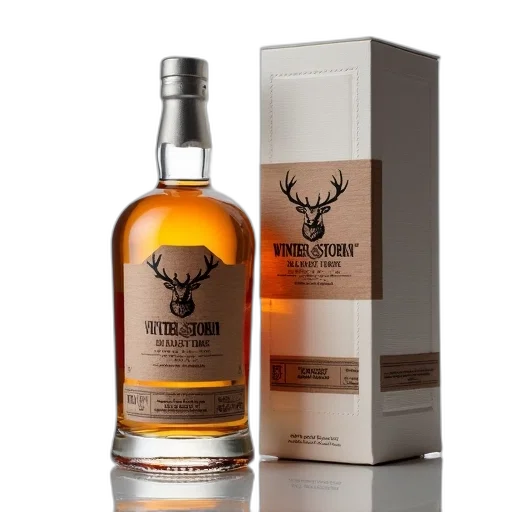 bottle, winter, storm, whiskey, displayed, next, packaging, clear transparent PNG cut-out