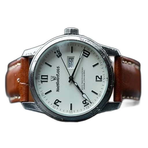 close-up, image, wristwatch, brown, leather, strap, silver, case transparent PNG cut-out