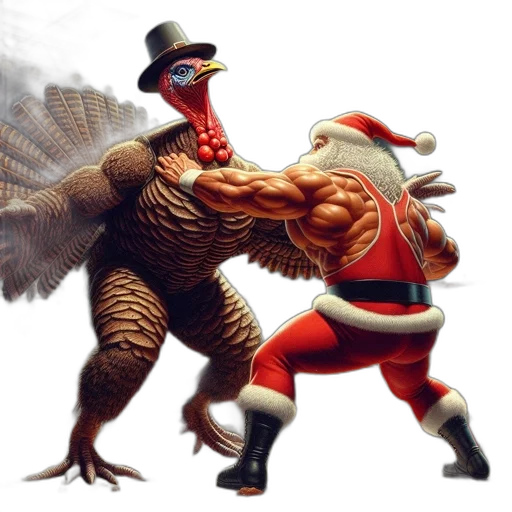 concept art, humorous, depiction, turkey, santa, claus, engage, wrestling transparent PNG cut-out
