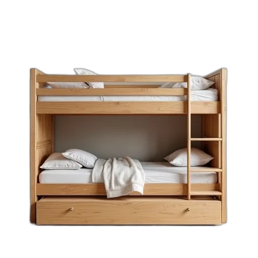 furniture, 3d render, earth tones, wooden, bunk, bed, pull, out transparent PNG cut-out