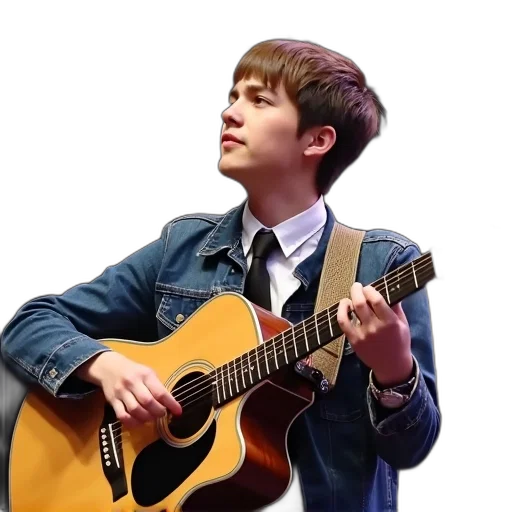 jacket, photorealistic, cartoon, person, short, hair, playing, acoustic transparent PNG cut-out