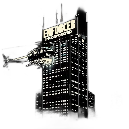 cyberpunk, concept art, 3d render, comic book art, night, enforcer, inc, sign transparent PNG cut-out