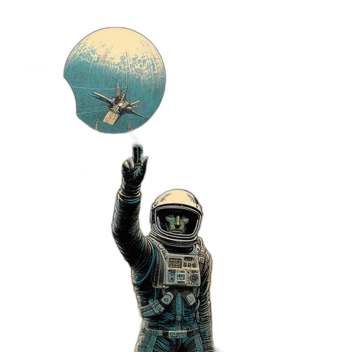 robot, staff, concept art, pixel art, vaporwave, comic book art, outer space, underwater transparent PNG cut-out