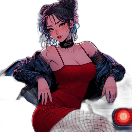 dress, concept art, cyberpunk, anime, fantasy art, neon lights, red, dark transparent PNG cut-out