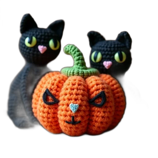 3d render, pixel art, photorealistic, close-up, crocheted, orange, pumpkin, green transparent PNG cut-out