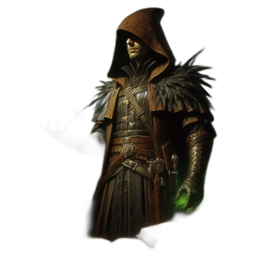 mask, staff, jacket, sword, concept art, fantasy art, 3d render, photorealistic transparent PNG cut-out