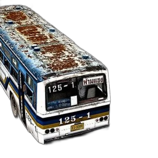 concept art, photorealistic, 3d render, weathered, blue, white, bus, number transparent PNG cut-out
