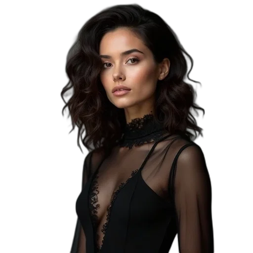 dress, jewelry, hair, staff, photorealistic, dark, earth tones, model transparent PNG cut-out