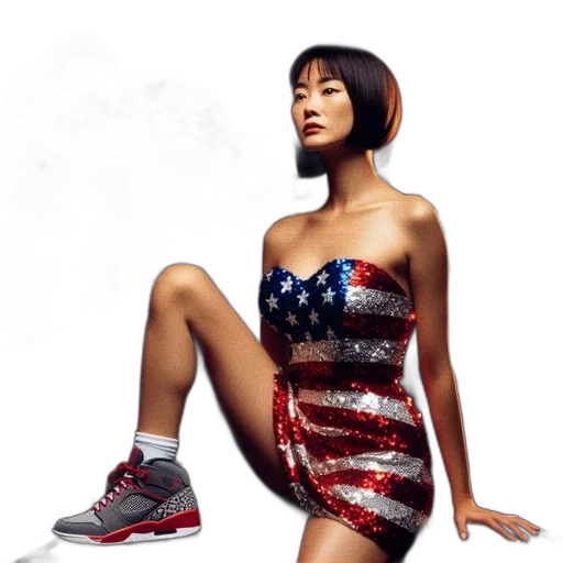 shoes, dress, photorealistic, concept art, woman, american, flag-patterned, sequin transparent PNG cut-out