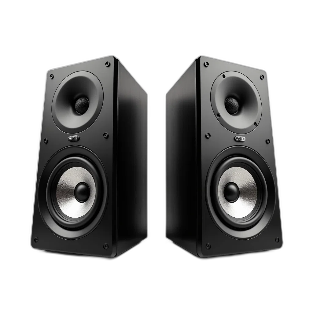 two, identical, black, speakers, silver, logo, front, placed transparent PNG cut-out