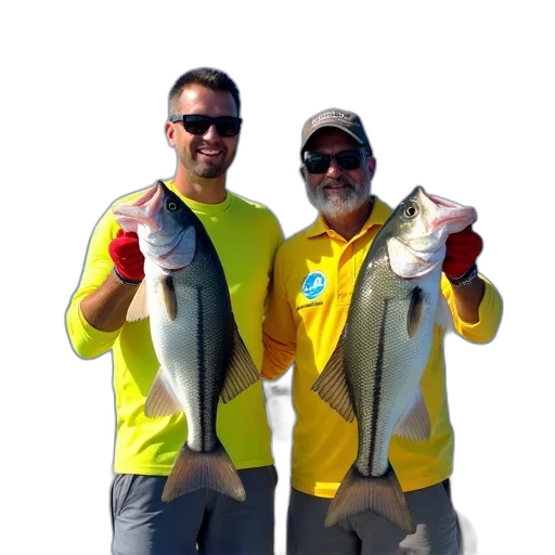 two, men, standing, boat, each, holding, large, fish transparent PNG cut-out