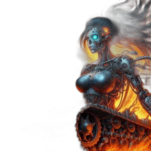 robot, concept art, fantasy art, cyberpunk, comic book art, fire, cyborg, female transparent PNG cut-out
