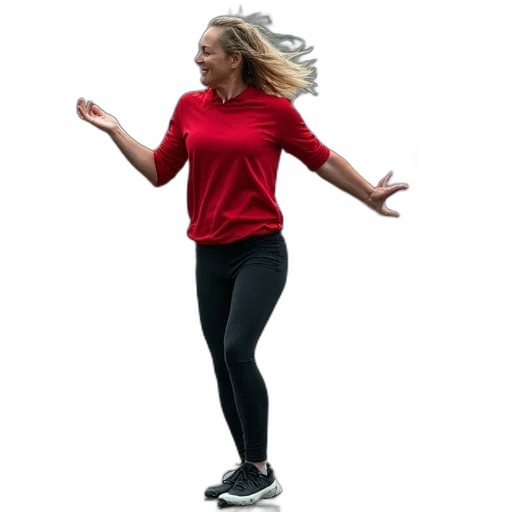 woman, red, shirt, black, pants, performing, dance, routine transparent PNG cut-out