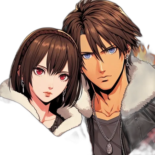 anime, concept art, photorealistic, pixel art, two, close-positioned, animated, characters transparent PNG cut-out