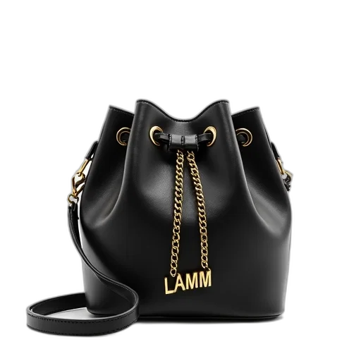 black, bucket, bag, gold, chain, logo, reads, lamm transparent PNG cut-out