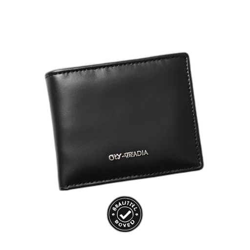 black, leather, wallet, silver, logo, front, displayed, against transparent PNG cut-out