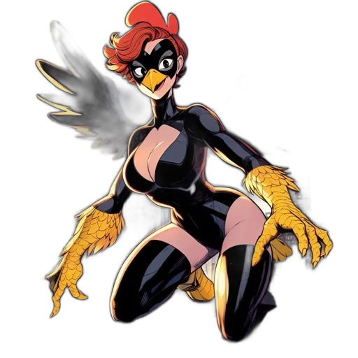 comic book art, concept art, cartoon, pixel art, female, superhero, rooster-mask, black transparent PNG cut-out