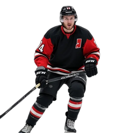 man, black, jersey, white, hockey, sticks, jacket, red transparent PNG cut-out