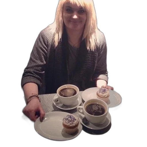 food, staff, woman, sits, table, two, cups, coffee transparent PNG cut-out