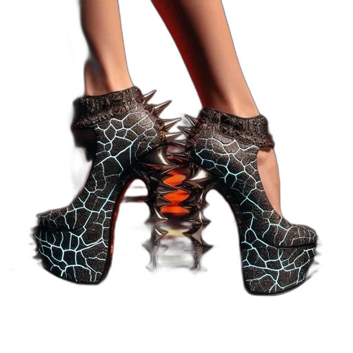 shoes, 3d render, cyberpunk, ankle-high, high, heels, cracked, blue-reflective transparent PNG cut-out